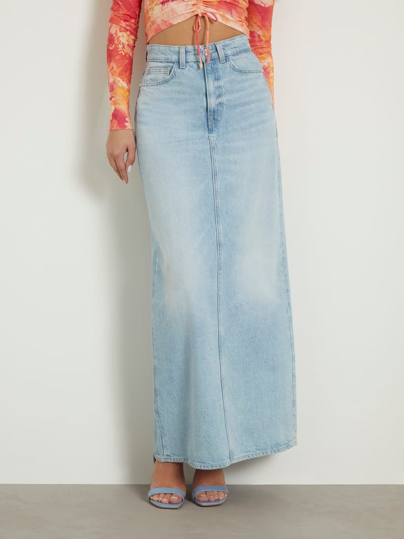 Back slit denim long skirt