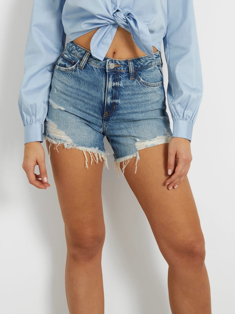 Shorts jeans a vita alta con abrasioni