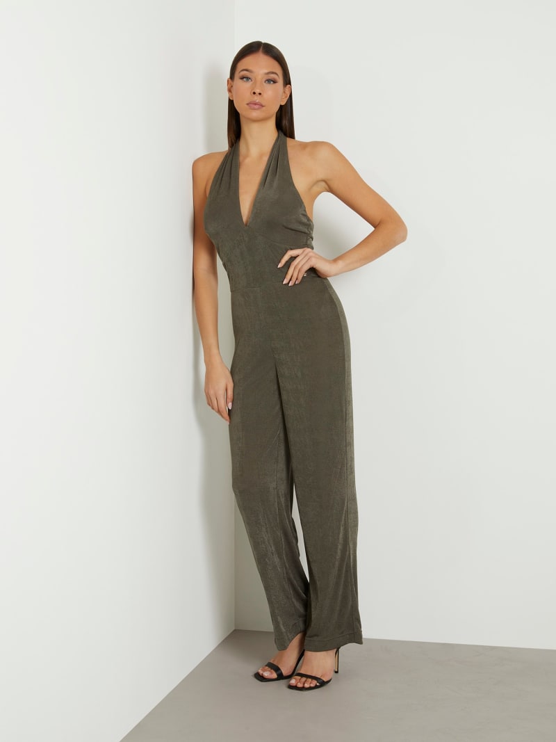 Jumpsuit mit ausgestelltem Bein aus Rippstrick mit glänzender Optik