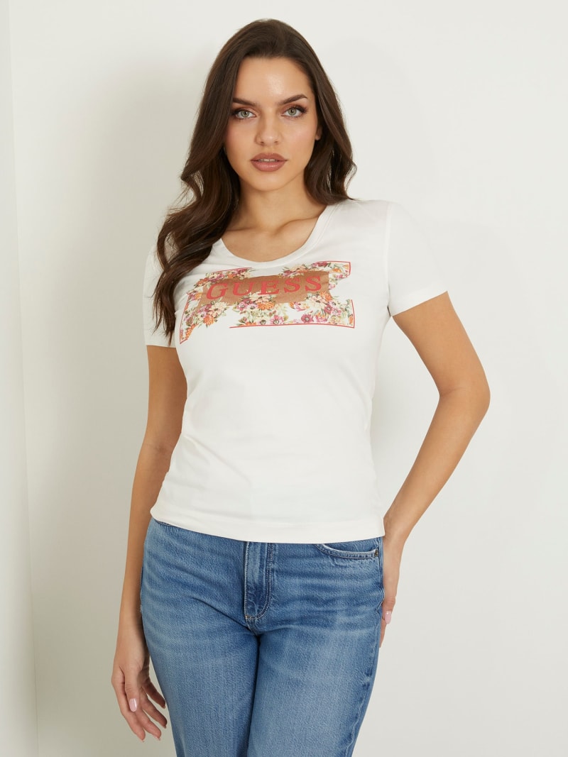T-shirt stretch com logótipo florido