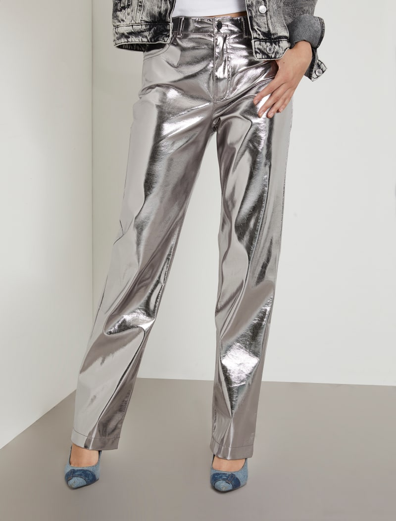Spodnie ze skóry syntetycznej z metalicznym efektem fason straight