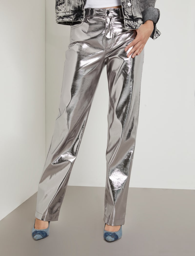 Recht vallende broek van metallic kunstleer