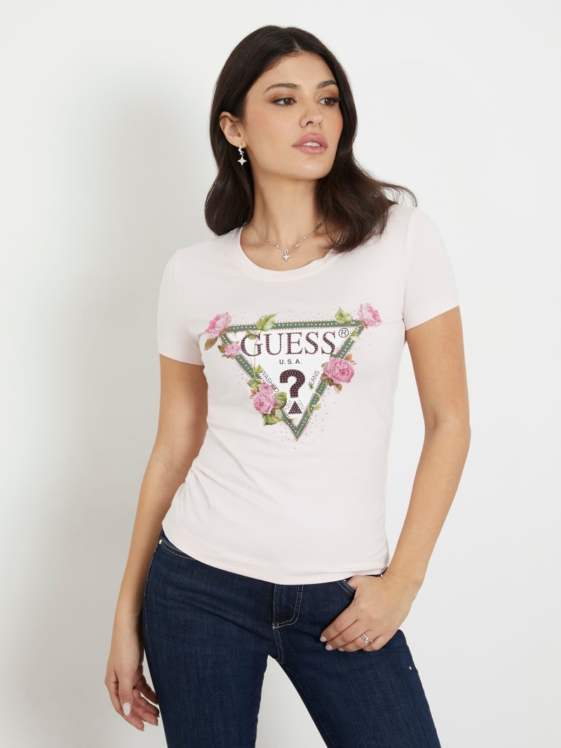 T-shirt ze stretchem i logo w kwiaty