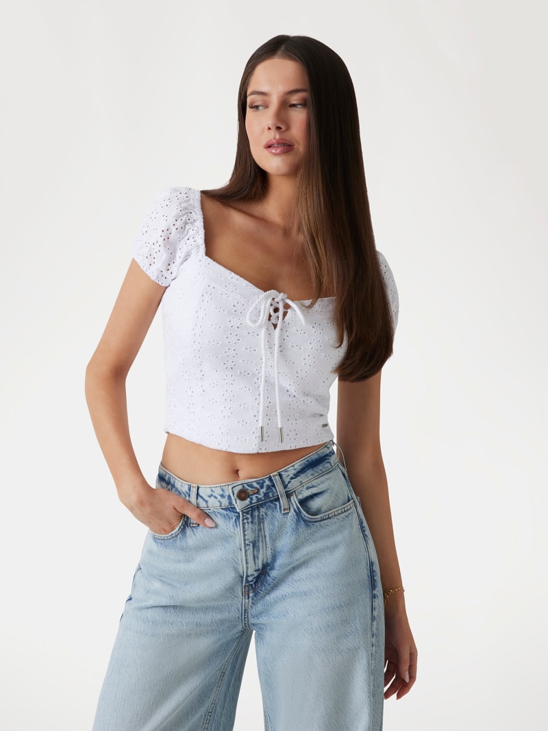 GUESS Top Donna Shayna Corto, Scollo Alto, Ritagli, Cotone Biologico, Eco-Friendly - 2
