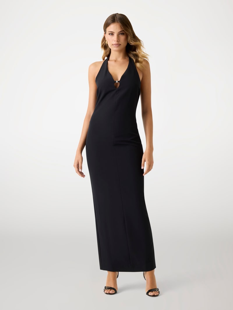 Urbann-Vibe Dame Maxi Dress Bodycon Halterneck With Mesh Panels For Modern Women Evening Look