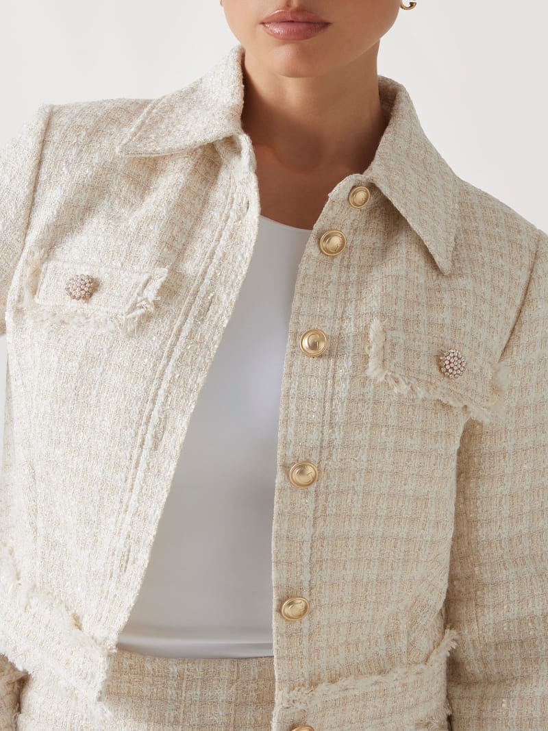 【美品】RANDEBOO Classic tweed jacket 白 F RANDEBOO（ランデブー）の「Classic tweed jacket（ノーカラー