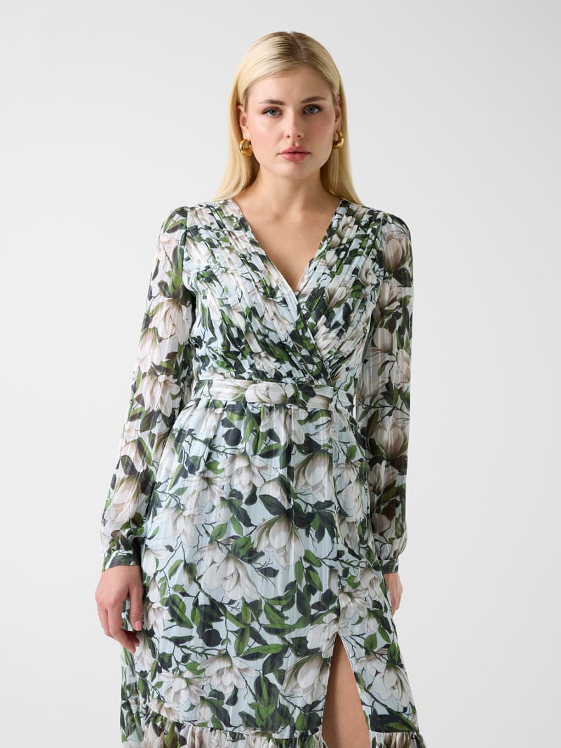guess long floral dress Guess Orange Floral Gilda Pleated V-Neck Cap Sleeve Maxi Dress $158 Size XL  NEW!