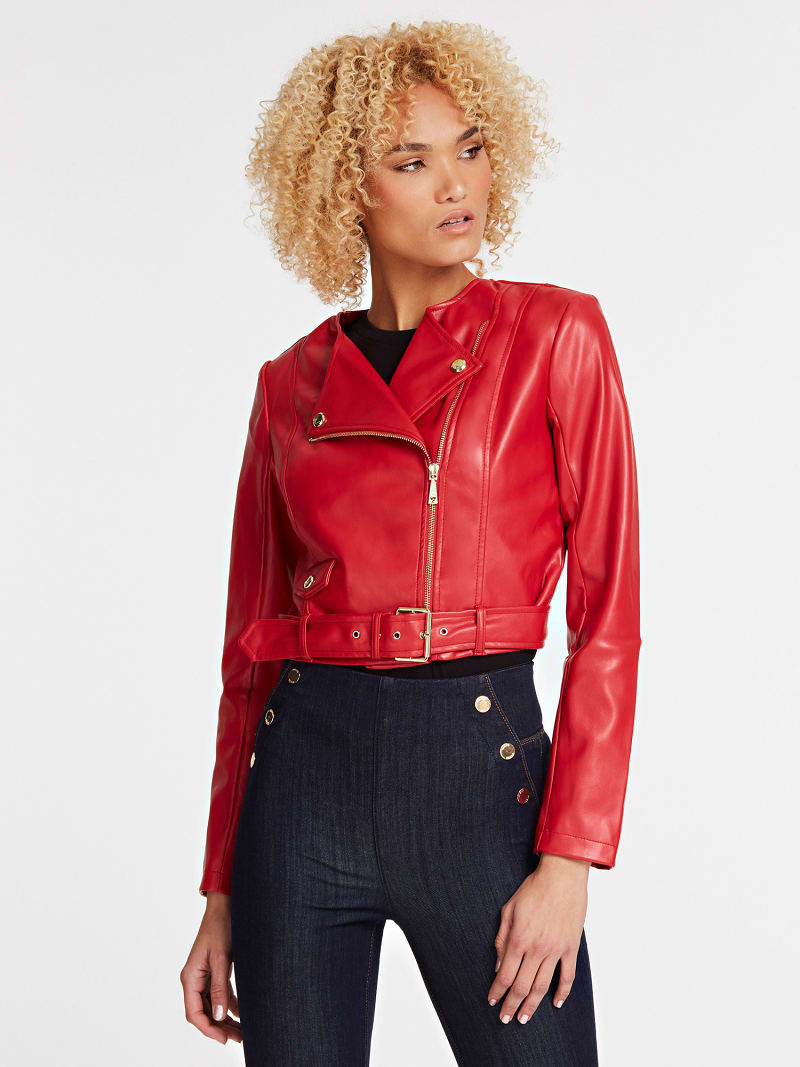 guess red leather jacket