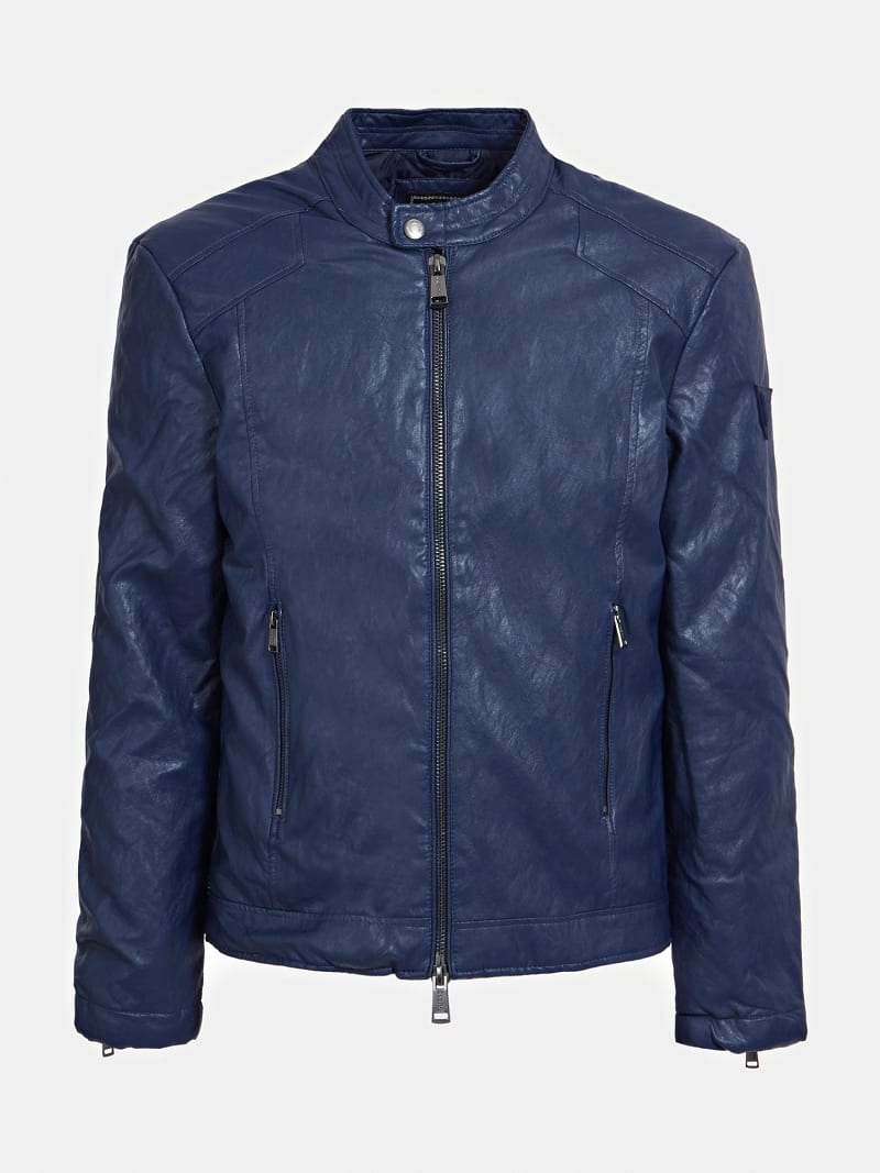 guess blue leather jacket