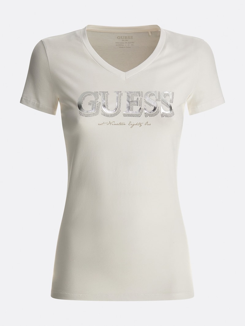 Guess white logo t shirt sales