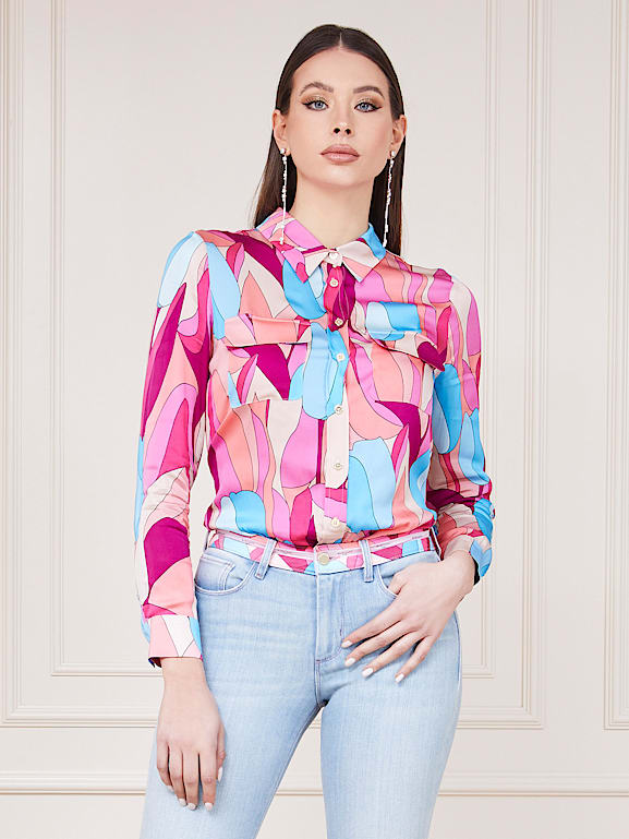 Guess pink and blue clearance striped shirt