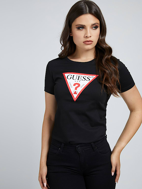 Camisa con estampado de logotipo de flores Mujer, Negro