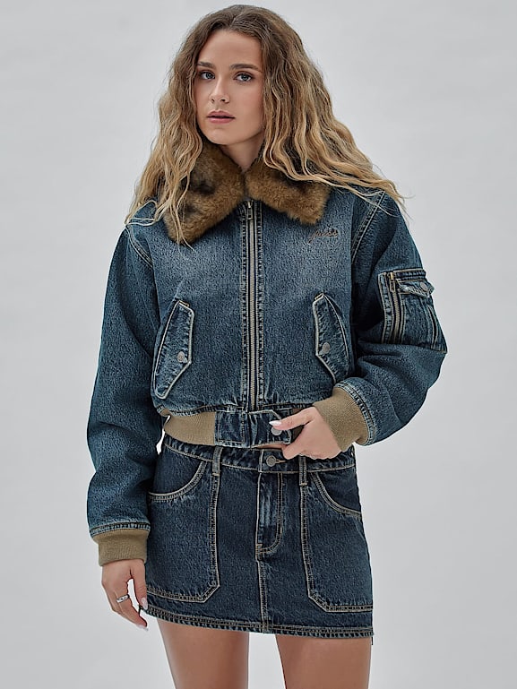 GUESS Originals Bomber en jean fourrure synth tique Femme