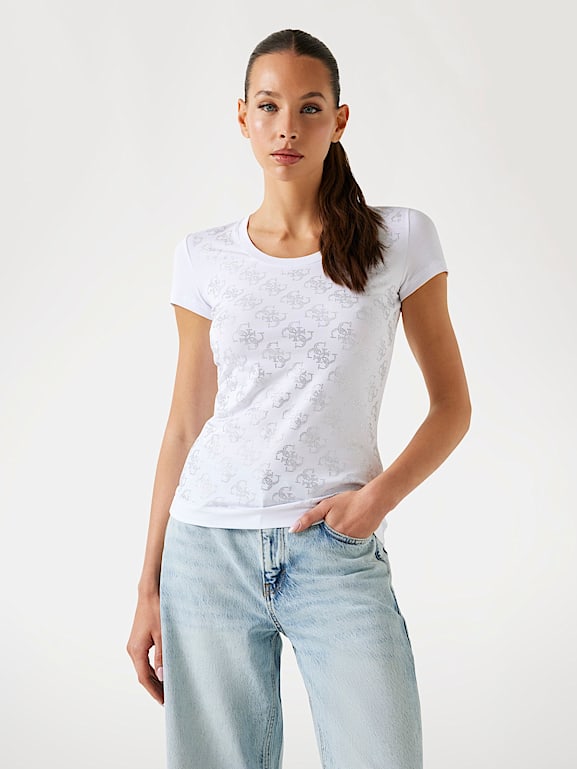 GUESS T shirt stretch logo 4G con strass Donna
