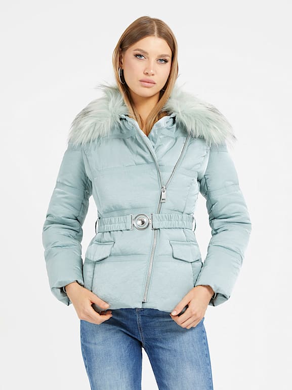 Navy Faux Fur Hood Belted Puffer Coat