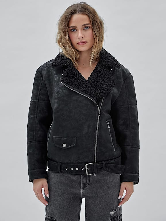 Grey faux fur biker cheap jacket