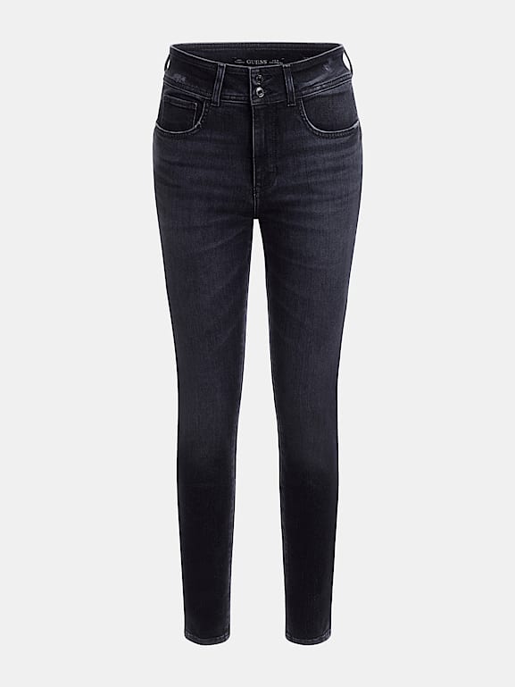 Jean skinny Polly 5 poches en tissu fin noir mat à taille