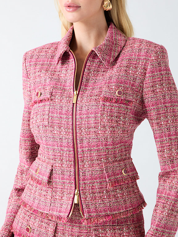 Manteau en tweed et dentelle rose Edward Achour