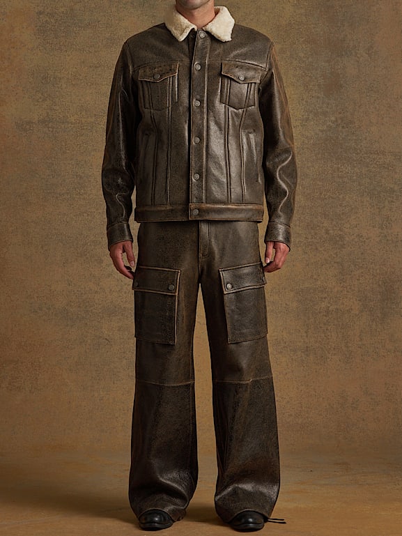 Guess ブラウンレザーシェルパジャケット Editor's Pick: Guess Liberty Sherpa Moto Jacket - Men's Leather Jacket