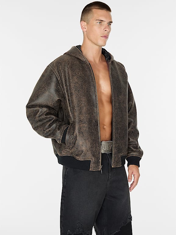 GUESS USAブラウン クラックレザージャケット GUESS® Cracked Leather Jacket