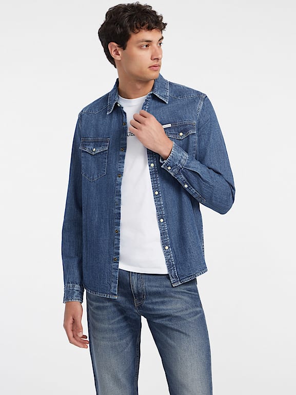Chemise Homme Guess Boutonnée Manches Longues - Taille 2XL Bleu Clair - Coupe Slim Fit - Occasion Très Bon état