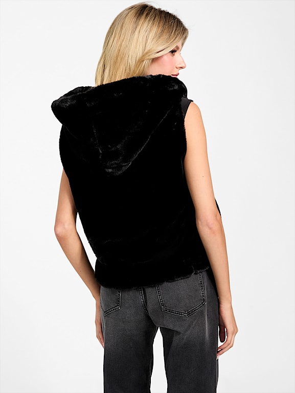 Gilet Guess Jeans Fille 2T – Noir, Bordure Fourrure Lapin, Poches – Neuf Avec étiquettes