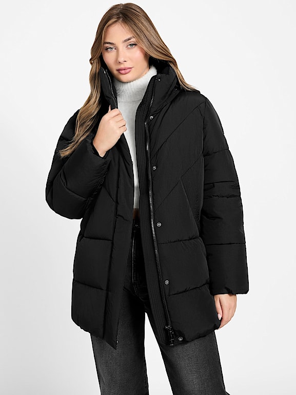 Giacca Imbottita GUESS Con Cappuccio - Trapuntata, Lunga, Chiusura Zip E Bottoni, Composizione 100% Poliuretano