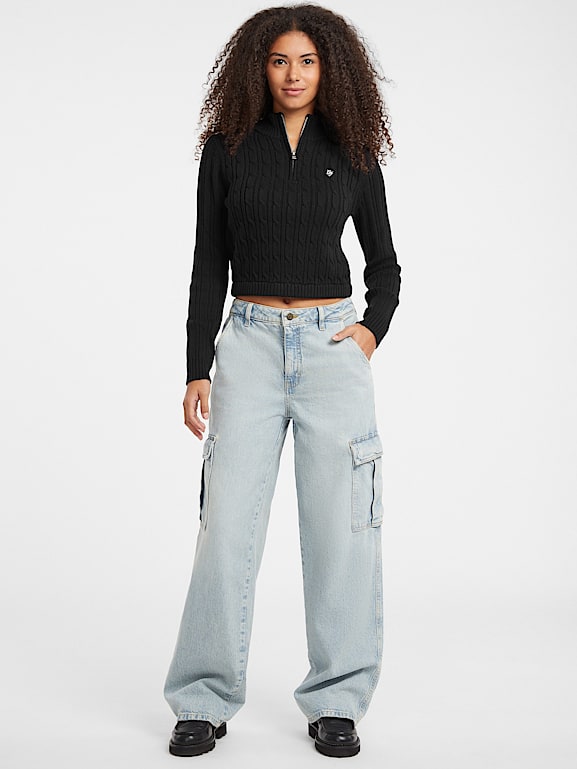 GUESS® Half-Zip Cable-Knit Crop Sweater