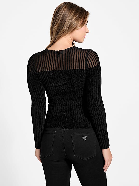 GUESS Women's Liliane Long Sleeve Sweater – Rhinestone Embroidered Logo, Ribbed Trim - View #11