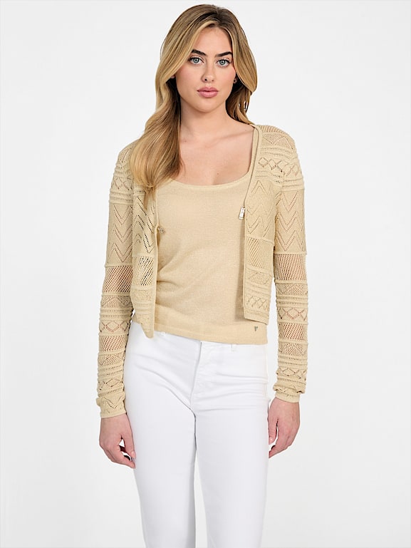 GUESS Women's Liliane Long Sleeve Sweater – Rhinestone Embroidered Logo, Ribbed Trim - View #5