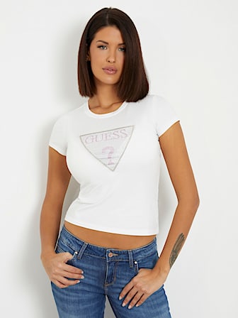 Rhinestones triangle logo stretch t-shirt