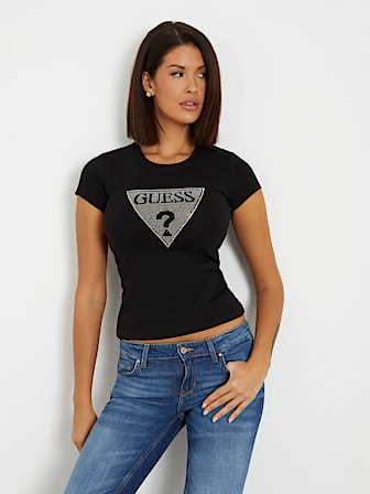 T-shirt ze stretchem i trójkątnym logo z cyrkoniami