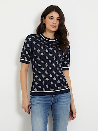 Top in maglia logo con strass