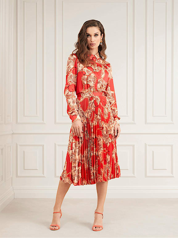 Guess red online pleated skirt