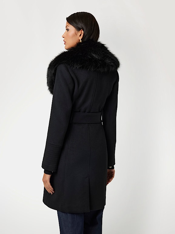 Wool blend coat with faux fur collar on sale
