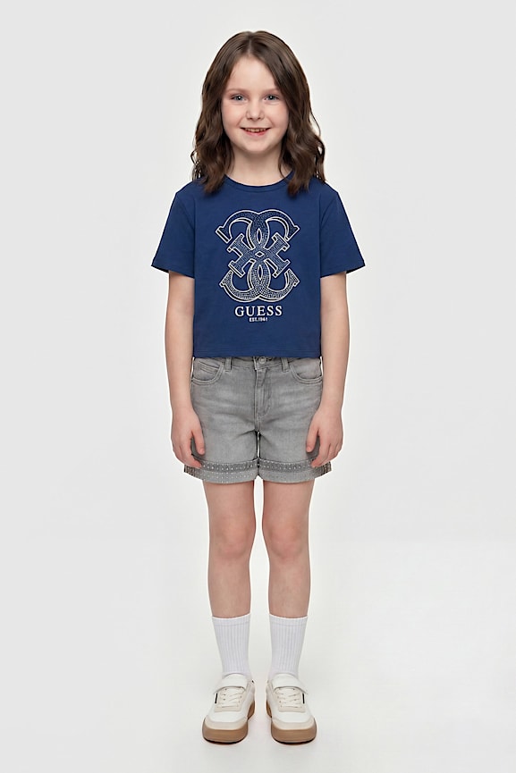 GUESS T-Shirt Bambina Maniche Corte Con Strass – Cotone Biologico Jersey