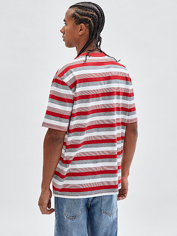 Guess jeans red sales and white striped shirt