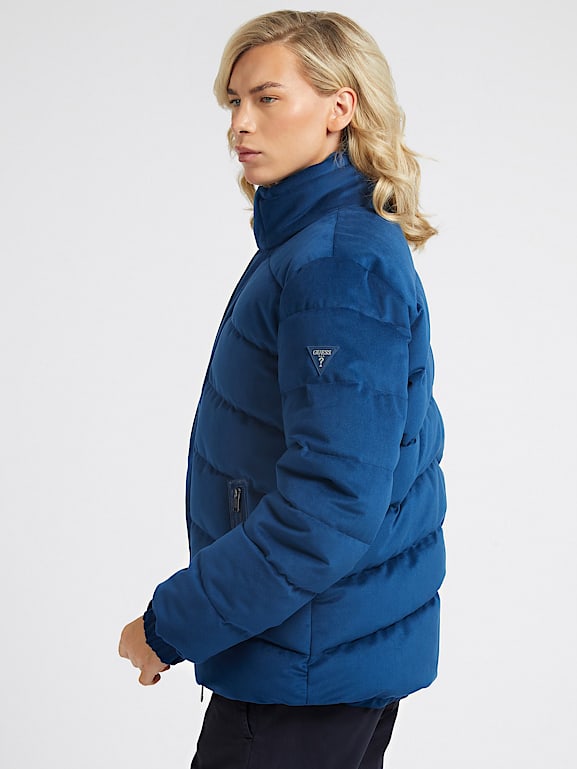 Blue velvet puffer jacket sale