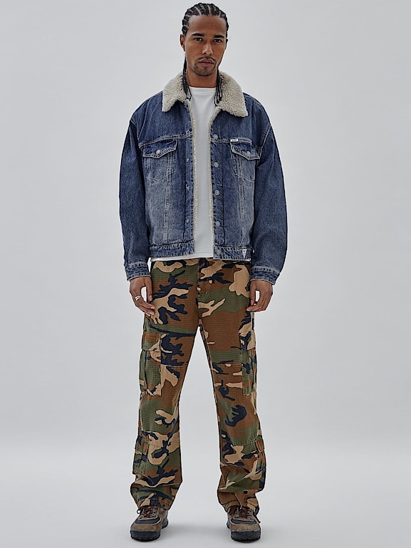 Mens faux fur denim jacket clearance