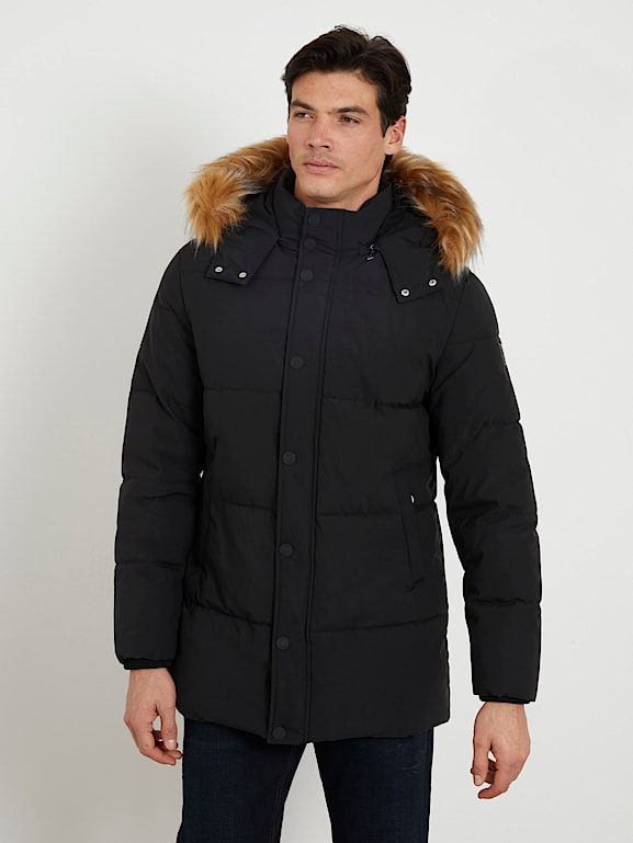 GUESS Men's Heavyweight Hooded Parka Jacket with Removable Faux Fur Trim,  Jet Black, Small at  Men's Clothing store