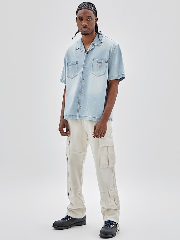 Denim shirt and shorts outfit hot sale