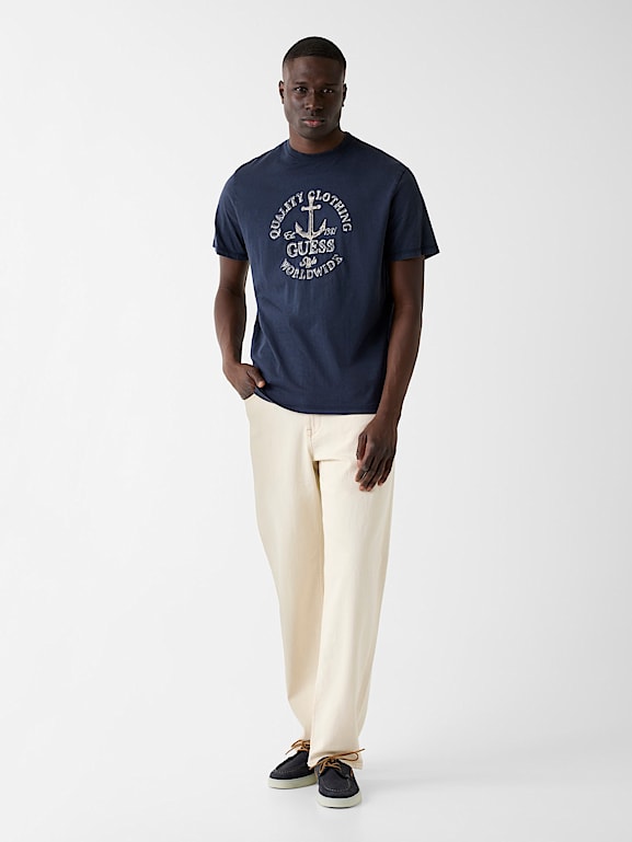 T-shirt GUESS Homme Gris Marbré Bleu, Taille S, Col V - Occasion Comme Neuf