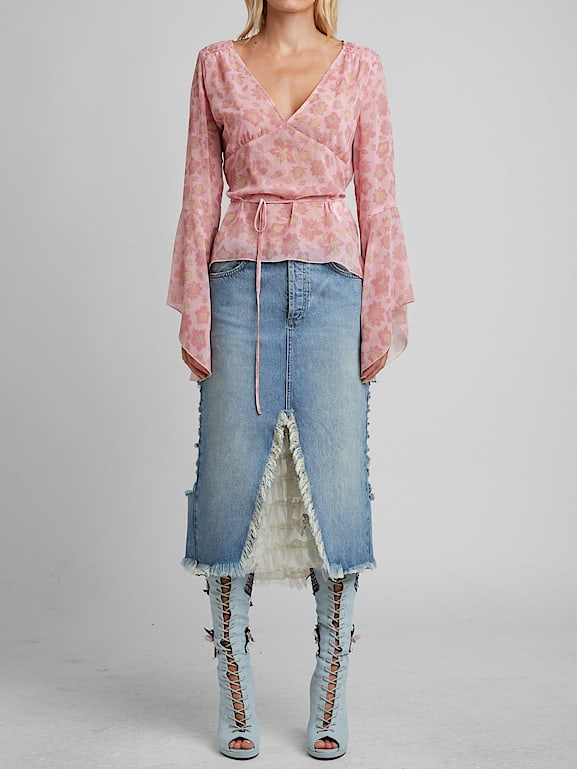 Pink distressed denim online skirt