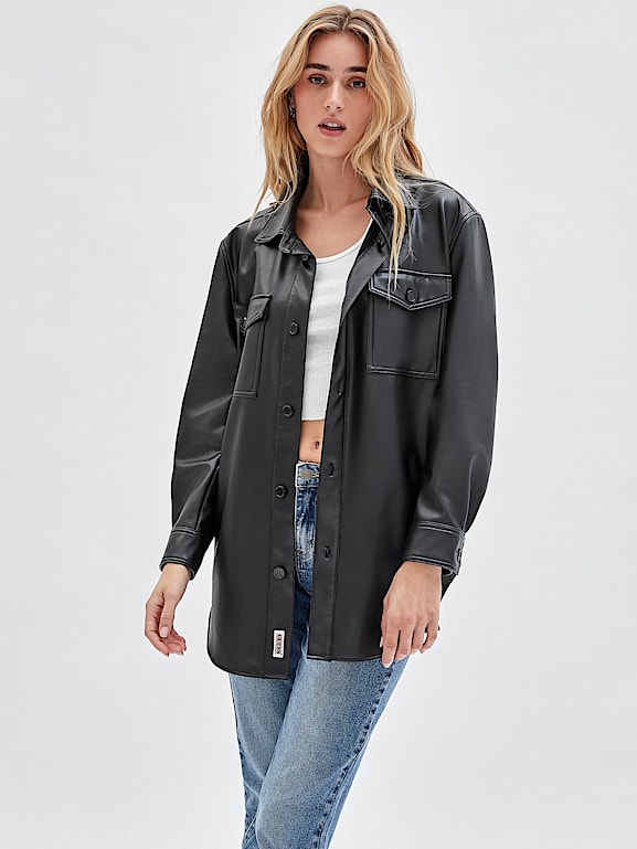 Faux leather shirt jacket deals