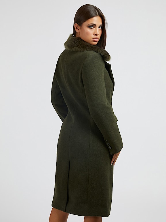 Wool blend coat with faux fur collar hot sale