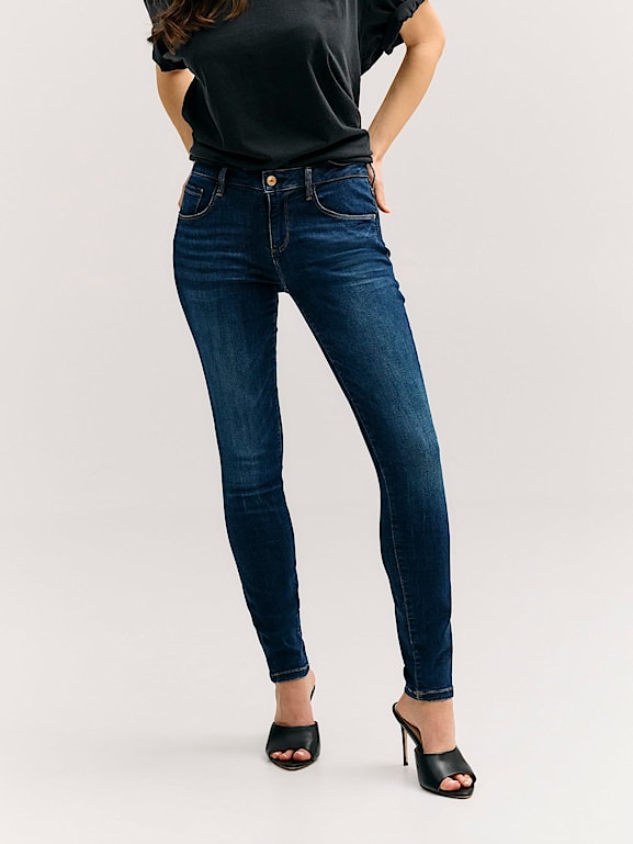 Jean Skinny G By GUESS - Bleu Marine Délavé Foncé, Taille 31, 98% Coton (Occasion Très Bon état)