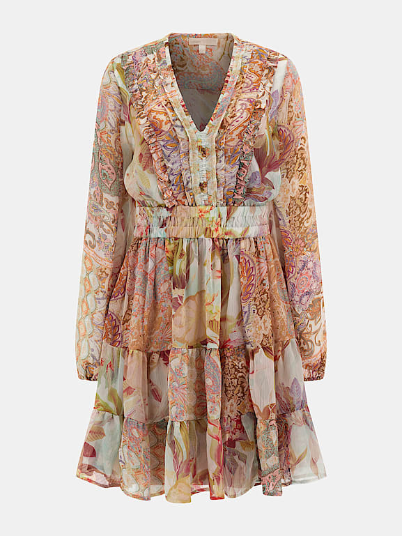 Long floral top print dress guess