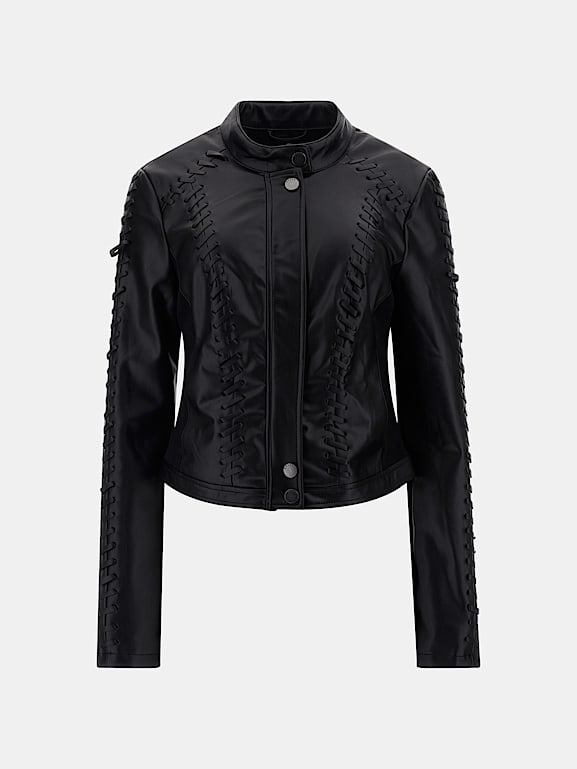 Black leather new arrivals jacket guess