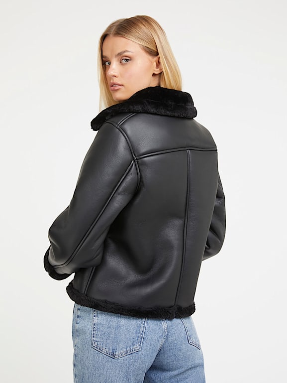 Guess leather jacket with faux fur collar outlet