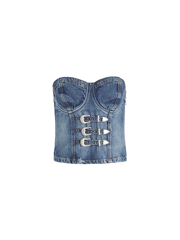 Blue Metallic Print Denim Corset Top, Denim